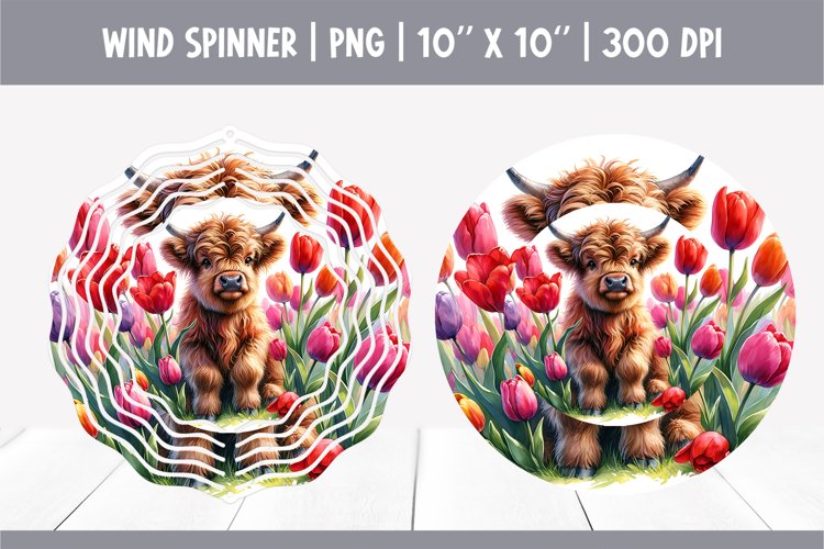 HIghland Cow Flowers Wind Spinner Sublimation design | tulip