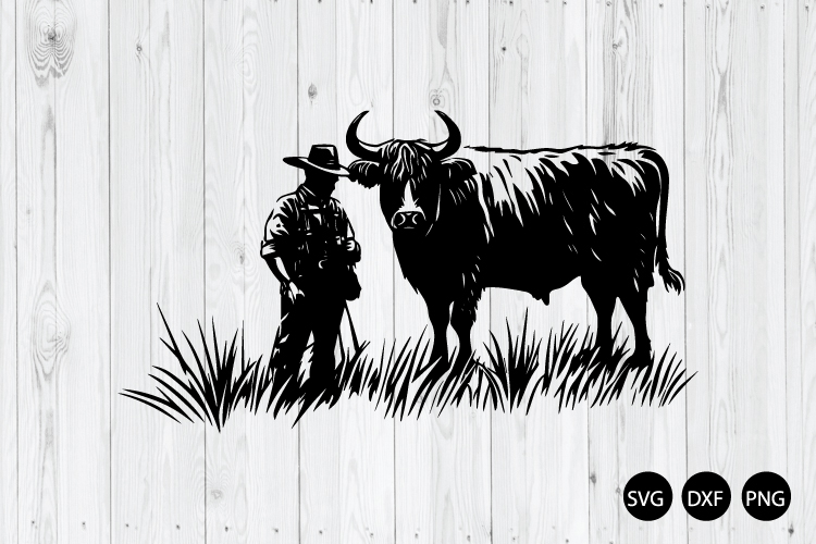 Highland Cow With Farmer In The Farm SVG, Highland Cow SVG
