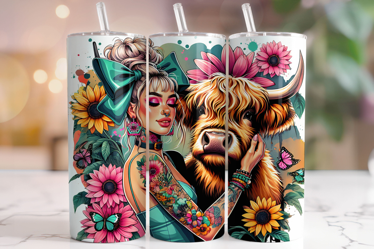 Girl With Highland Cow Tumbler, Floral Highland Cow Tumbler