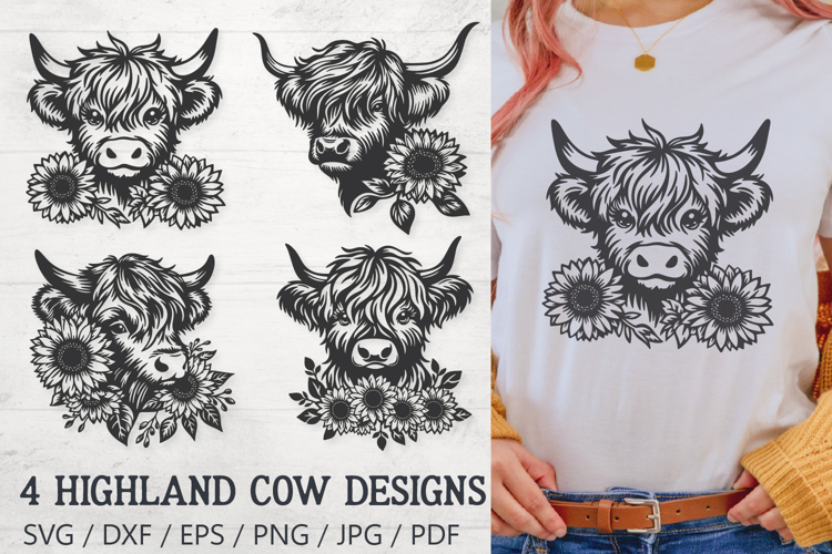 Highland Cow with Sunflowers SVG | 4 Farm Animal Designs