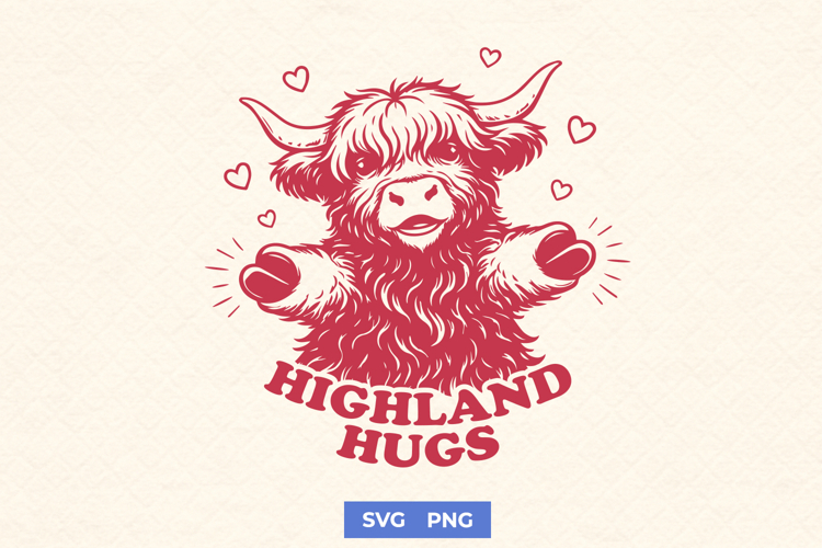 Highland Hugs SVG | Cute Highland Cow Valentine Farm PNG