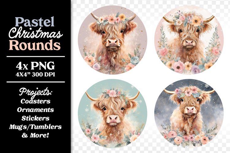 Watercolor Baby Highland Cows Pastel Christmas example image 1