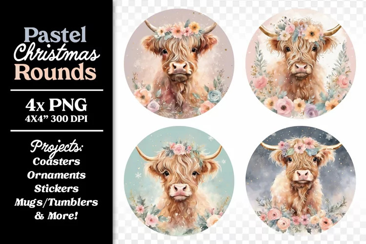 Watercolor Baby Highland Cows Pastel Christmas