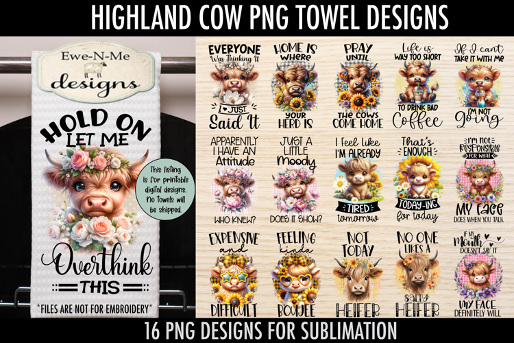 Highland Cow Kitchen Towel Bundle | 16 PNG Files