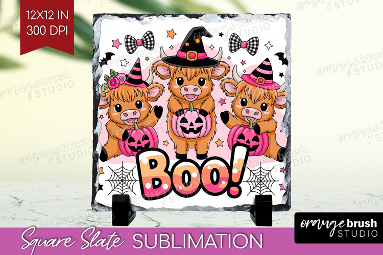 Highlang Cow Halloween Slate PNG Spooky Season Square Slate