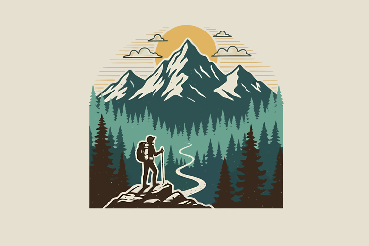 Vintage Hiker Mountain Vector Illustration