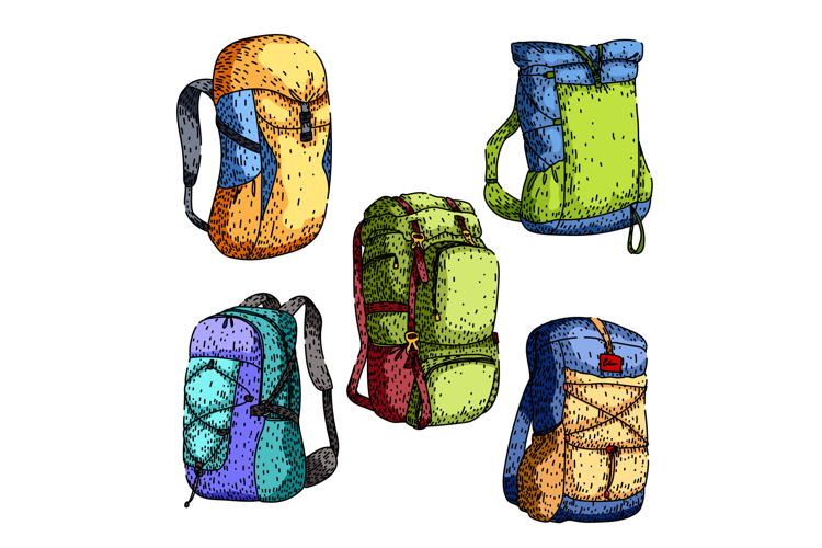 Colorful hiking backpacks set hand drawing style illustratio