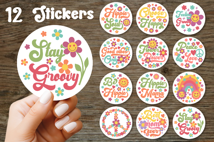 Hippie stickers png bundle Groovy round stickers retro 70s