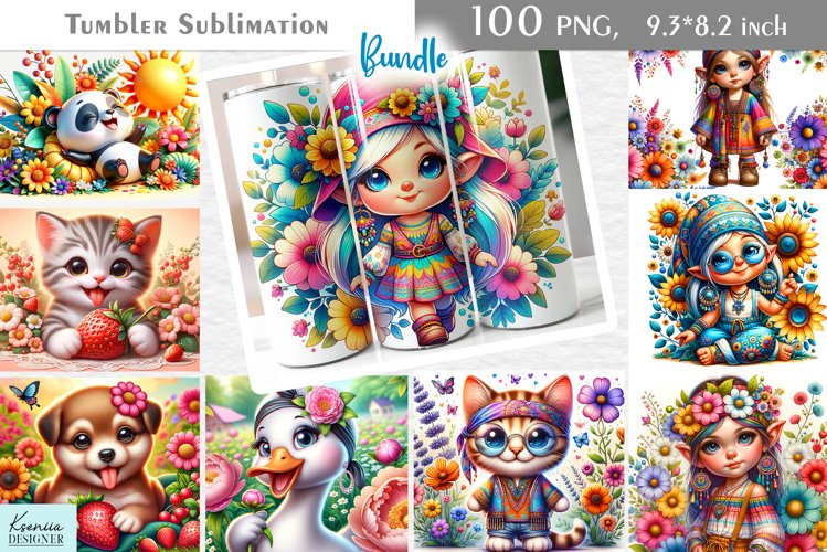 Cartoon Gnome and Animal| Floral Tumbler Sublimation Bundle