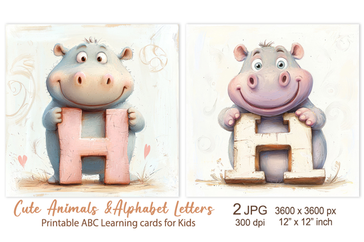 Cute Hippo, Baby Animal Alphabet Letters, ABC Printable card