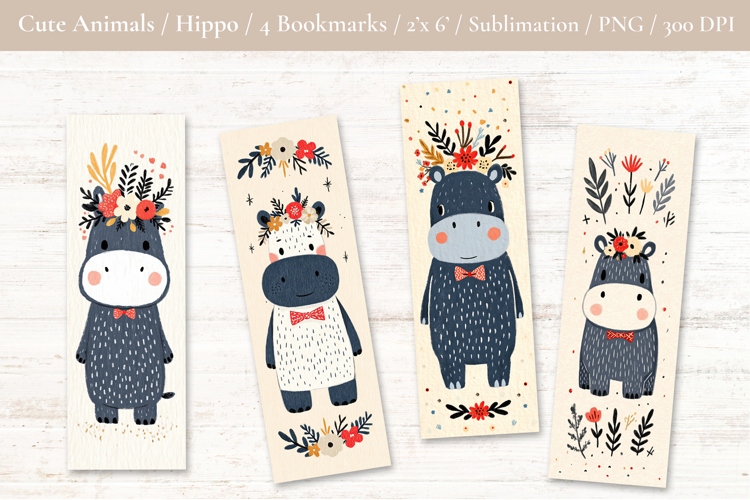Cute Hippo Bookmark - Printable Crafts, 4 PNG