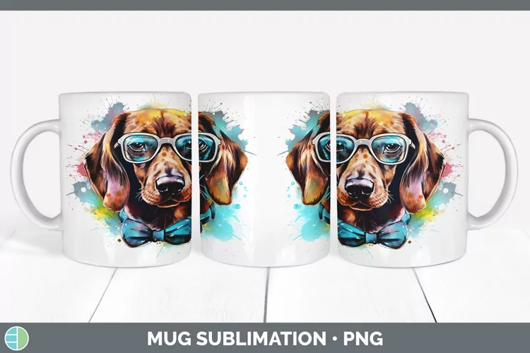 Hipster Dog Dachshund Mug Wrap Sublimation Coffee Cup Design
