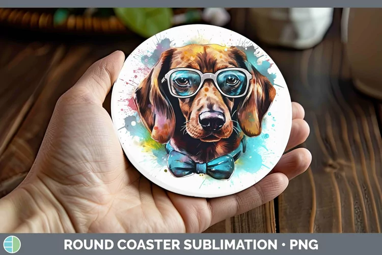 Hipster Dog Dachshund Round Coaster Sublimation Coaster Desi
