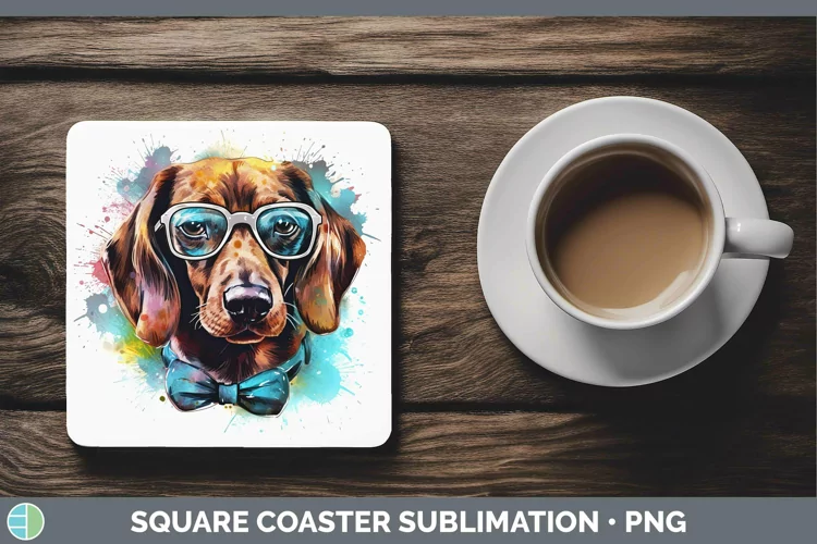 Hipster Dog Dachshund Square Coaster Sublimation Coaster Des