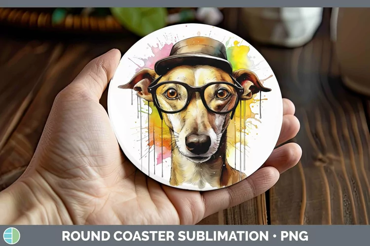 Hipster Dog Greyhound Round Coaster Sublimation Coaster Desi