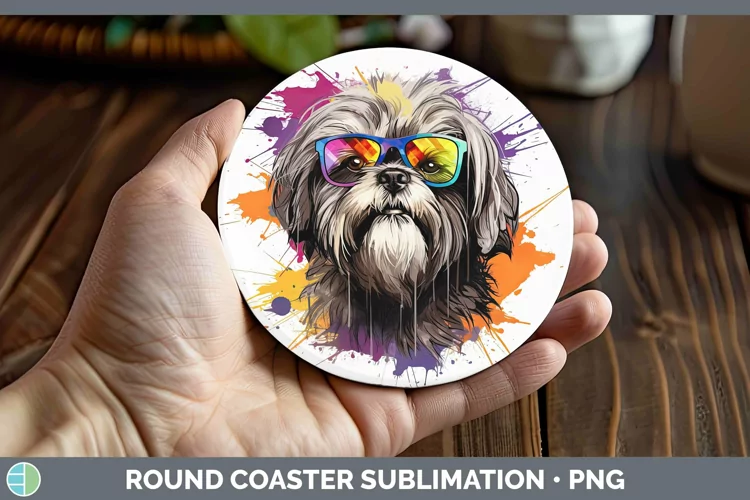 Hipster Dog Lhasa Apso Round Coaster Sublimation Coaster Des