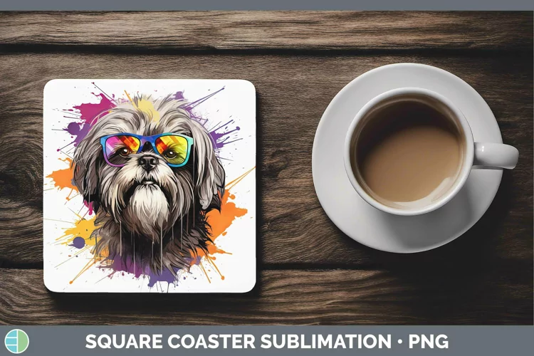 Hipster Dog Lhasa Apso Square Coaster Sublimation Coaster De