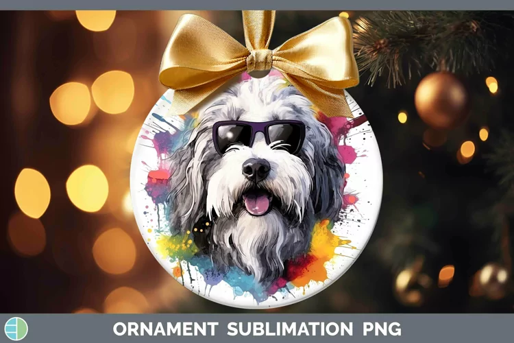 Hipster Dog Old English Sheepdog Ornament Sublimation Bauble