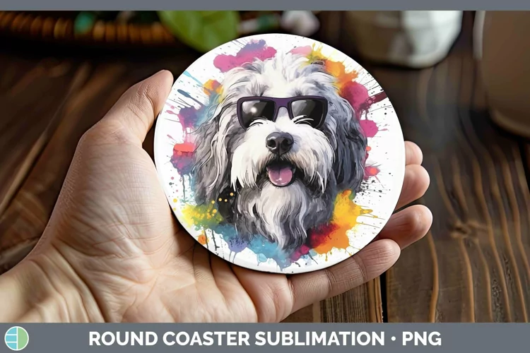 Hipster Dog Old English Sheepdog Round Coaster Sublimation C