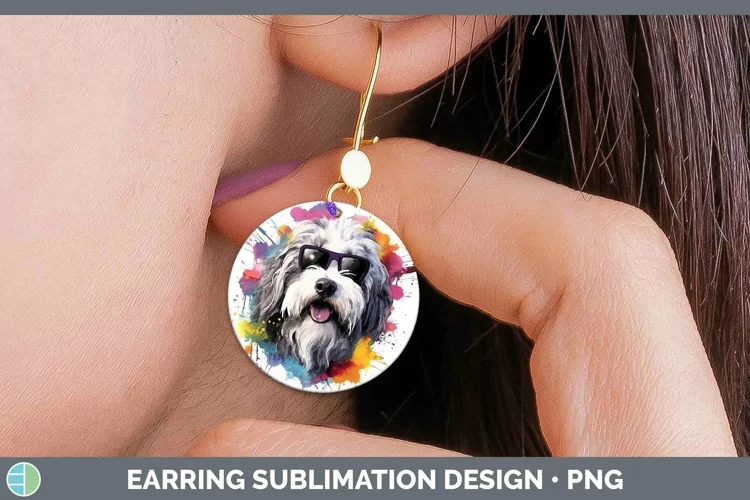 Hipster Dog Old English Sheepdog Round Earrings Sublimation