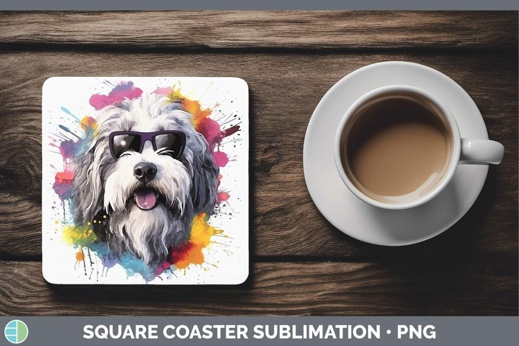 Hipster Dog Old English Sheepdog Square Coaster Sublimation