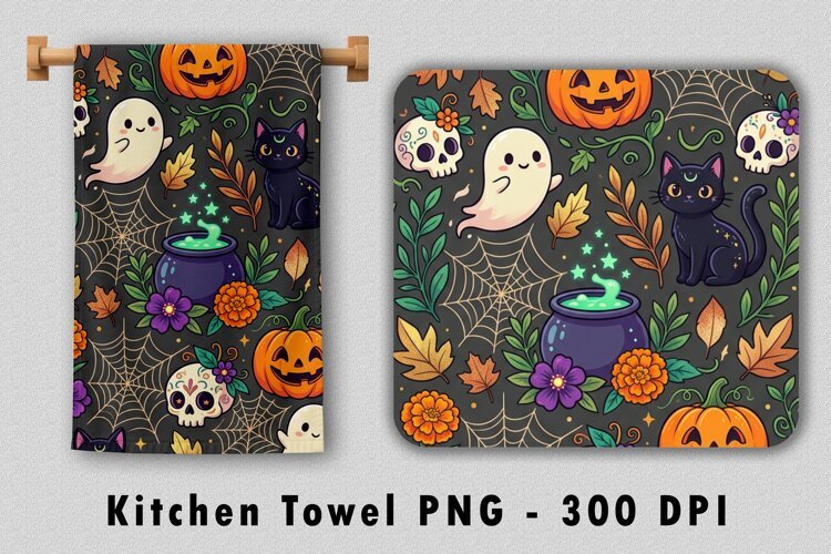 Spooky Magic Ghost & Cat Kitchen Towel PNG example image 1