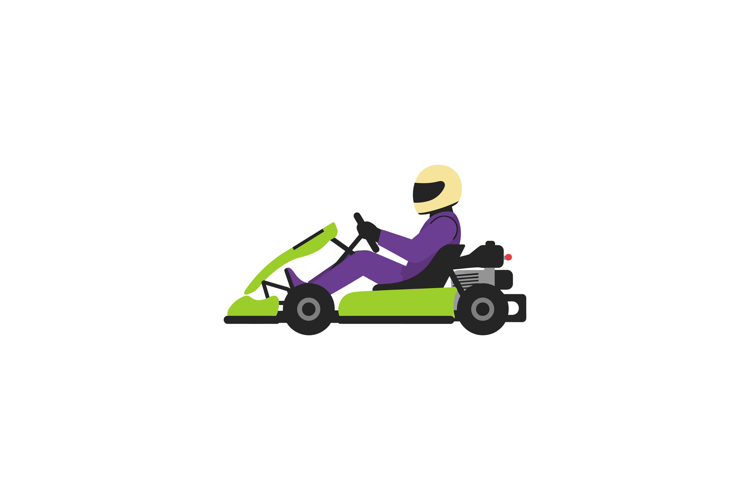Go-kart racer in green and purple outfit driving a vibrant g