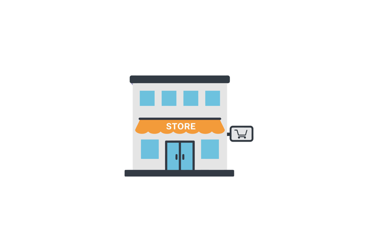Simplistic storefront design with an awning, shopping cart s
