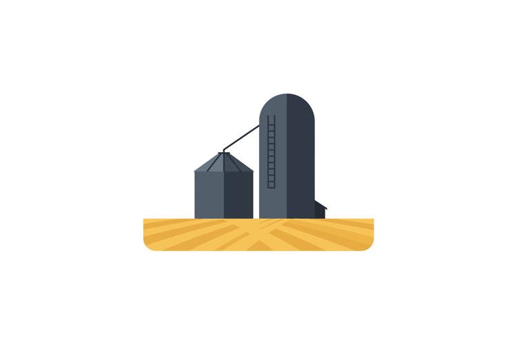 Two modern silos on a golden field in flat vector art style