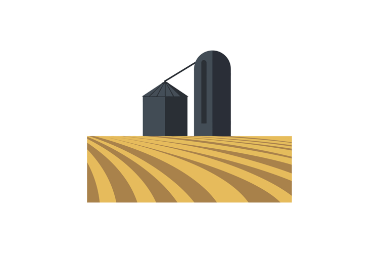 Grain silos standing tall in golden fields with striped patt