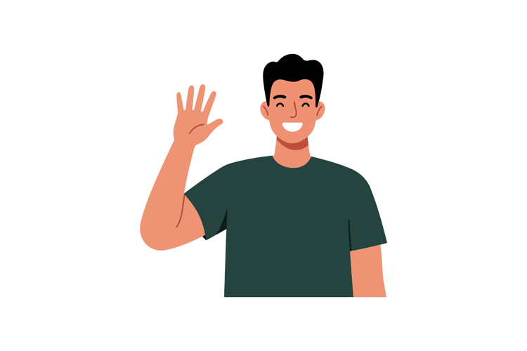 Friendly young man waving hello in a cheerful flat vector il example image 1