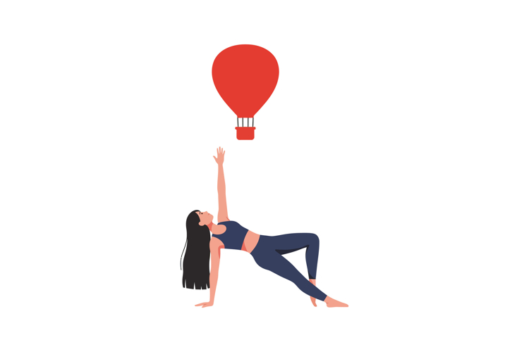 Woman in yoga pose reaching for a red hot air balloon in min