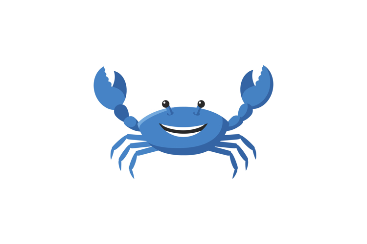Happy blue crab character in a playful flat design style vec