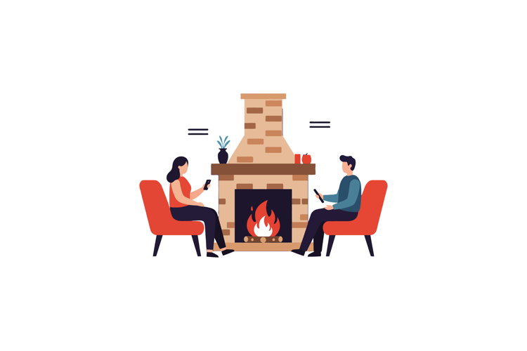 Two people relaxing by a cozy fireplace in a flat minimal st