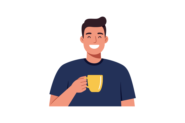 Happy young man holding a yellow cup in a minimal flat desig