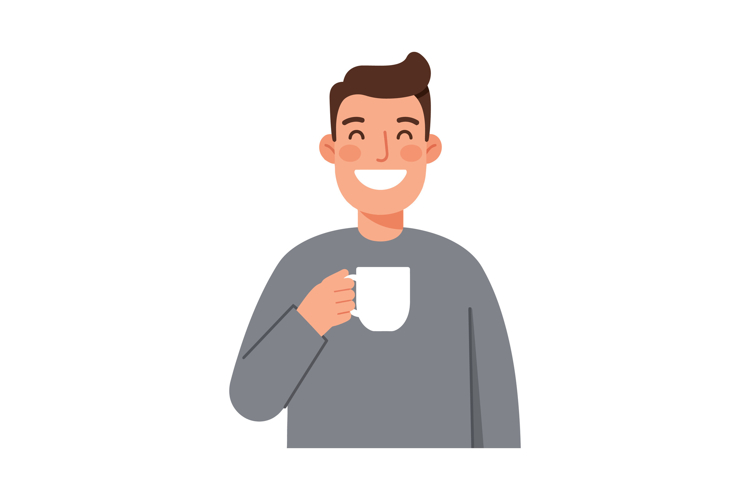 Smiling young man holding a coffee cup in a cozy flat design