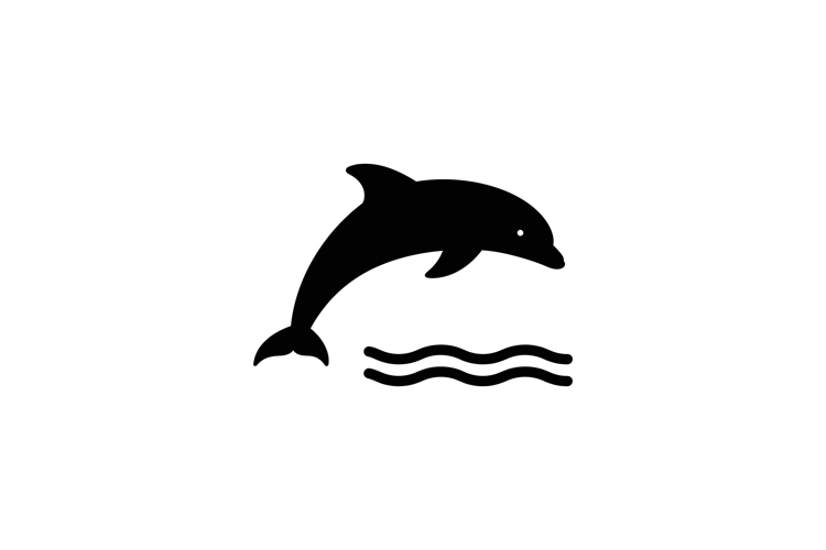 Black dolphin leaping joyfully above stylized waves in a min