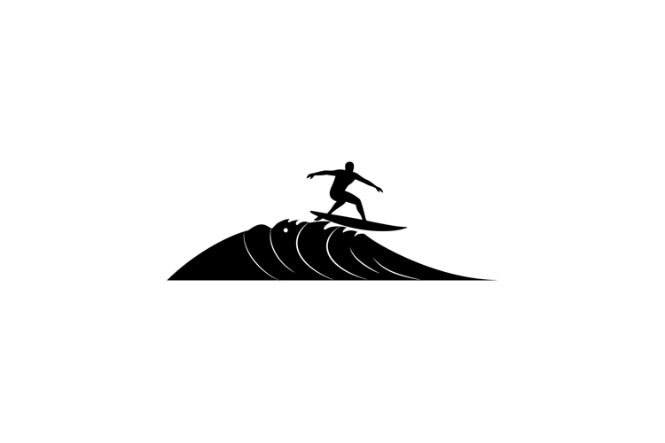 Surfer riding a cresting wave in dynamic pose, minimal black