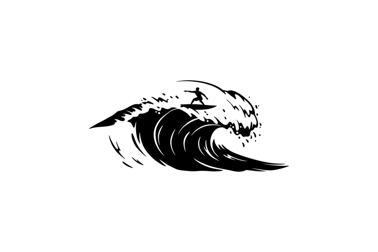 Surfer riding a dynamic wave in a minimal style vector illus