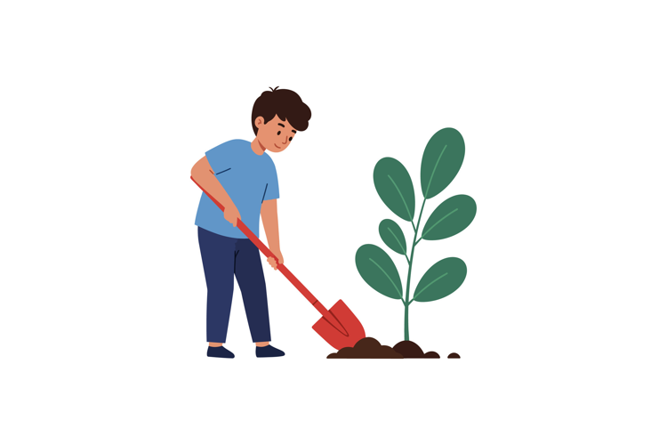 A boy digging in soil with a red shovel beside a growing pla