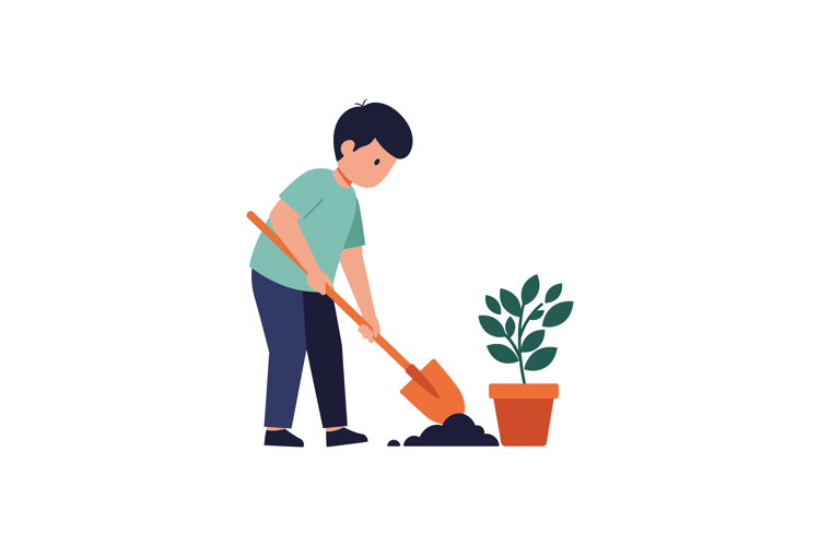 A young boy digging soil beside a potted plant in a flat vec