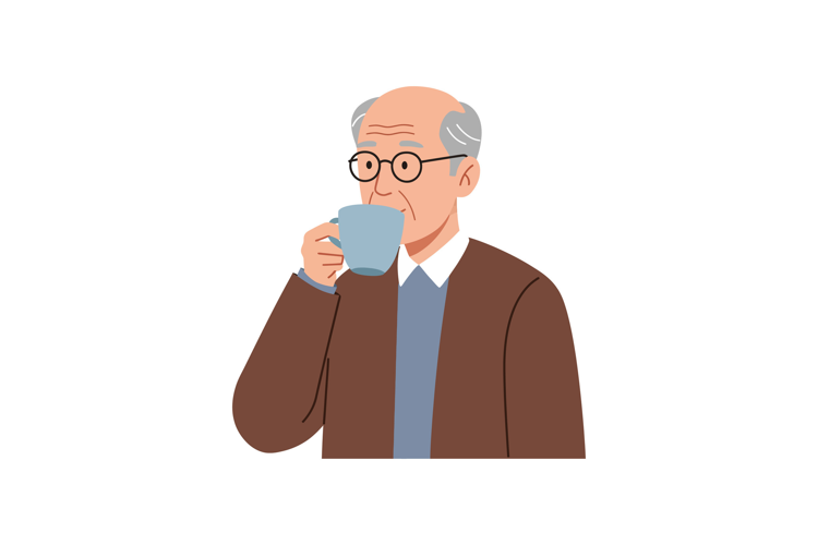 Elderly man enjoying a warm beverage while wearing glasses i