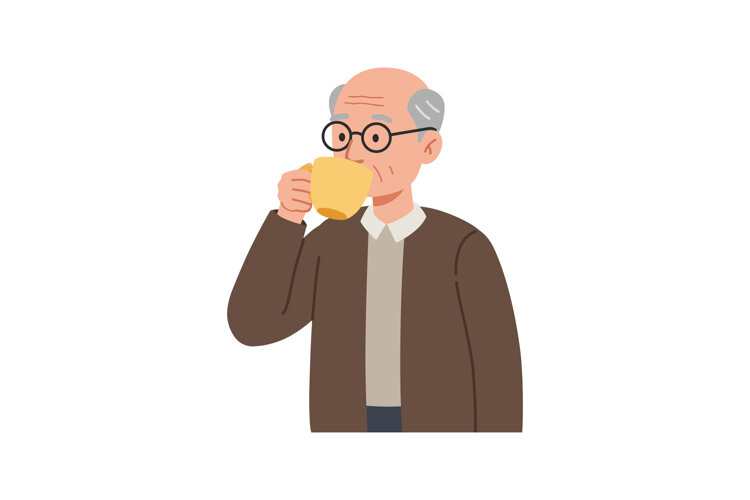 Elderly man enjoying a warm drink in minimal flat design vec example image 1