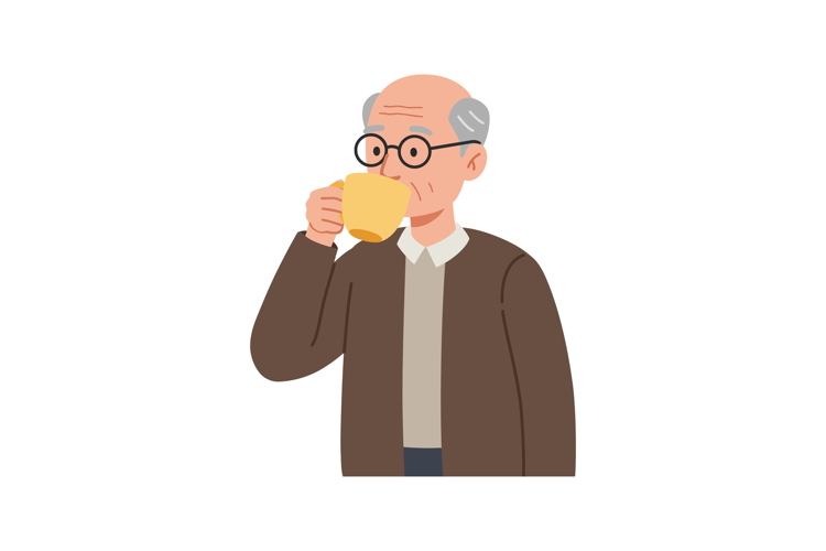 Elderly man enjoying a warm drink in minimal flat design vec
