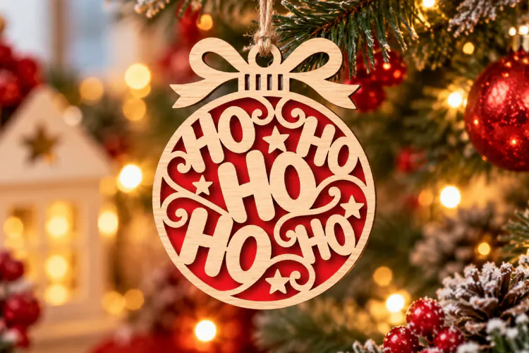 Ho Ho Ho Bauble Laser Cut Wood File, Christmas Ornament SVG