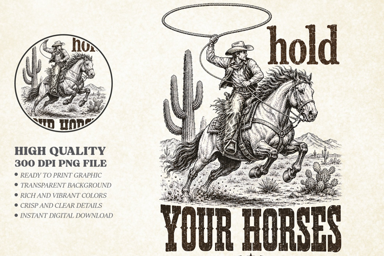 Hold Your Horses Western Cowboy PNG, Retro Horse Design