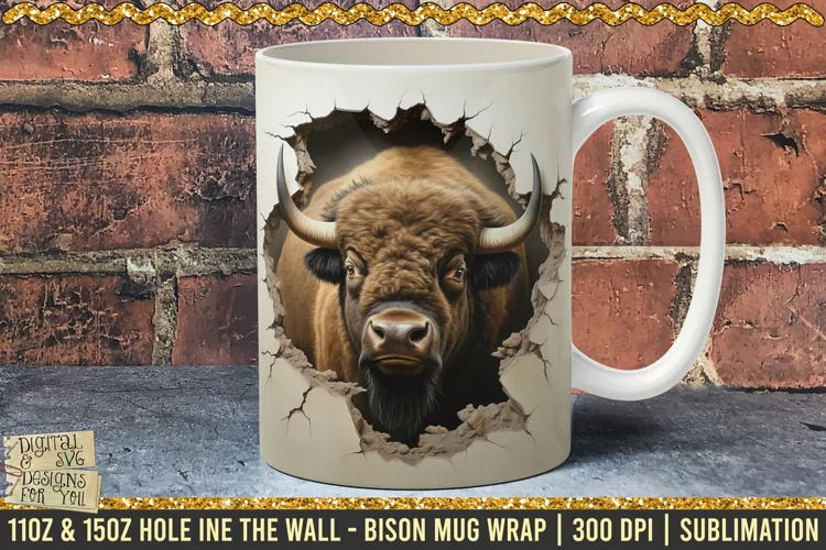 3D Bison Hole In A Wall Mug Wrap, 11oz, 15oz Template 300dpi