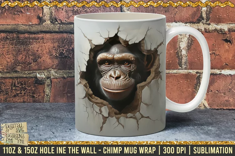3D Chimp Hole In A Wall Mug Wrap, 11oz, 15oz Template 300dpi