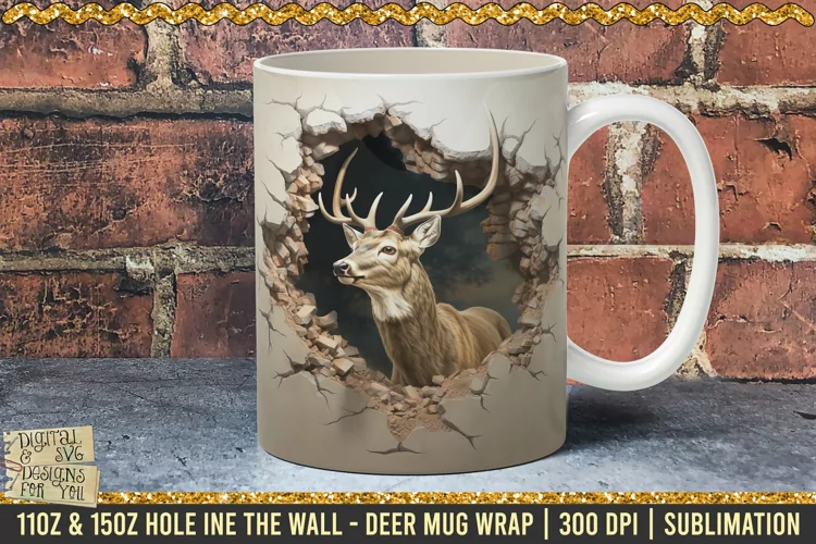 3D Deer Hole In A Wall Mug Wrap, 11oz, 15oz Template 300dpi