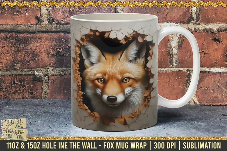 3D Fox Hole In A Wall Mug Wrap, 11oz, 15oz Template 300dpi